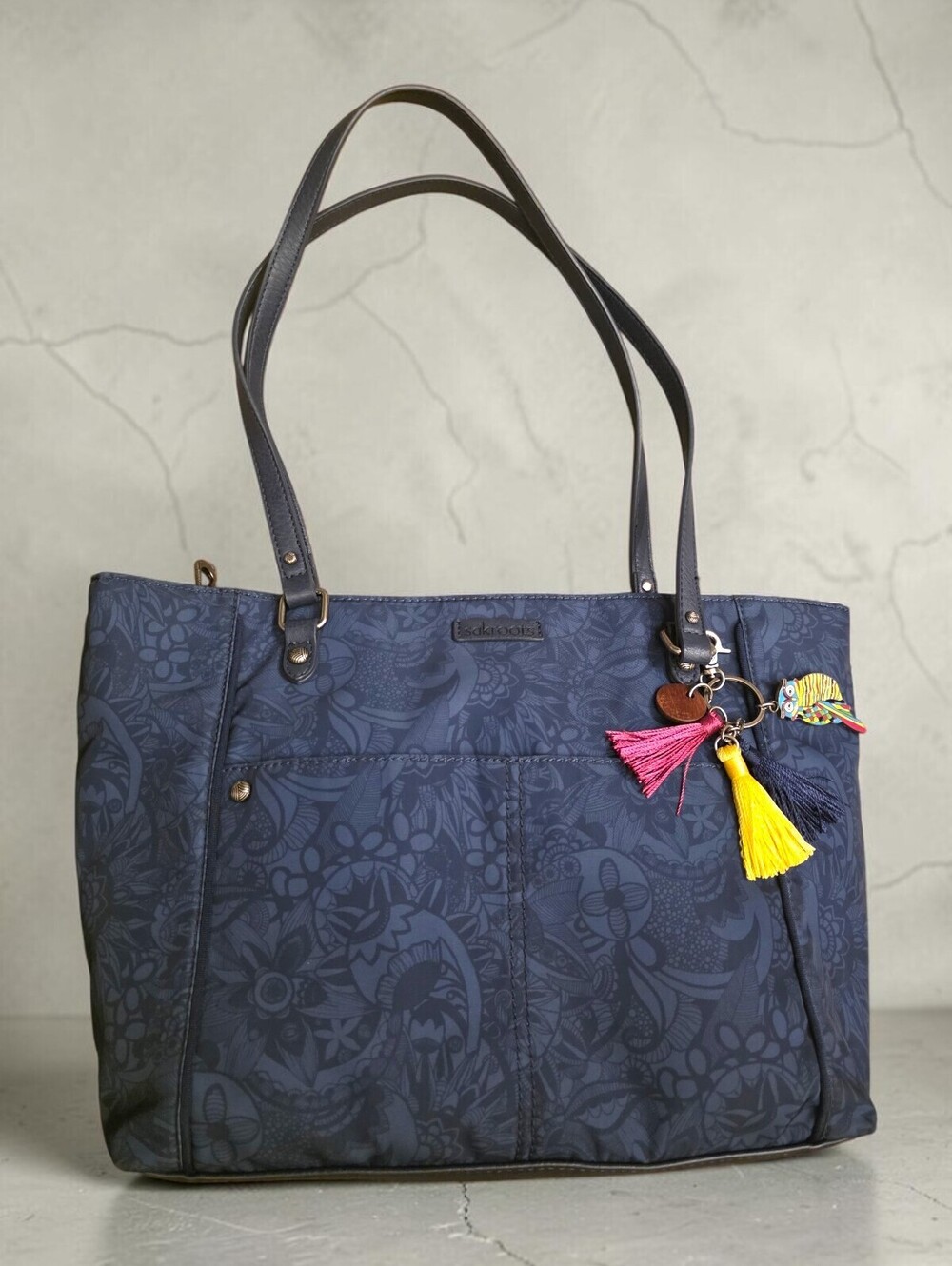 Sakroots Navy Tonal Artist Print Large Tote Shoulder Bag Owl Tassel Charm